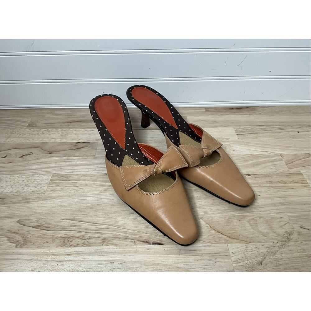 Vaneli Shoes Womens Size 7.5 Heel Mule - Leather Bow Accent Open-Back Brown Y2K